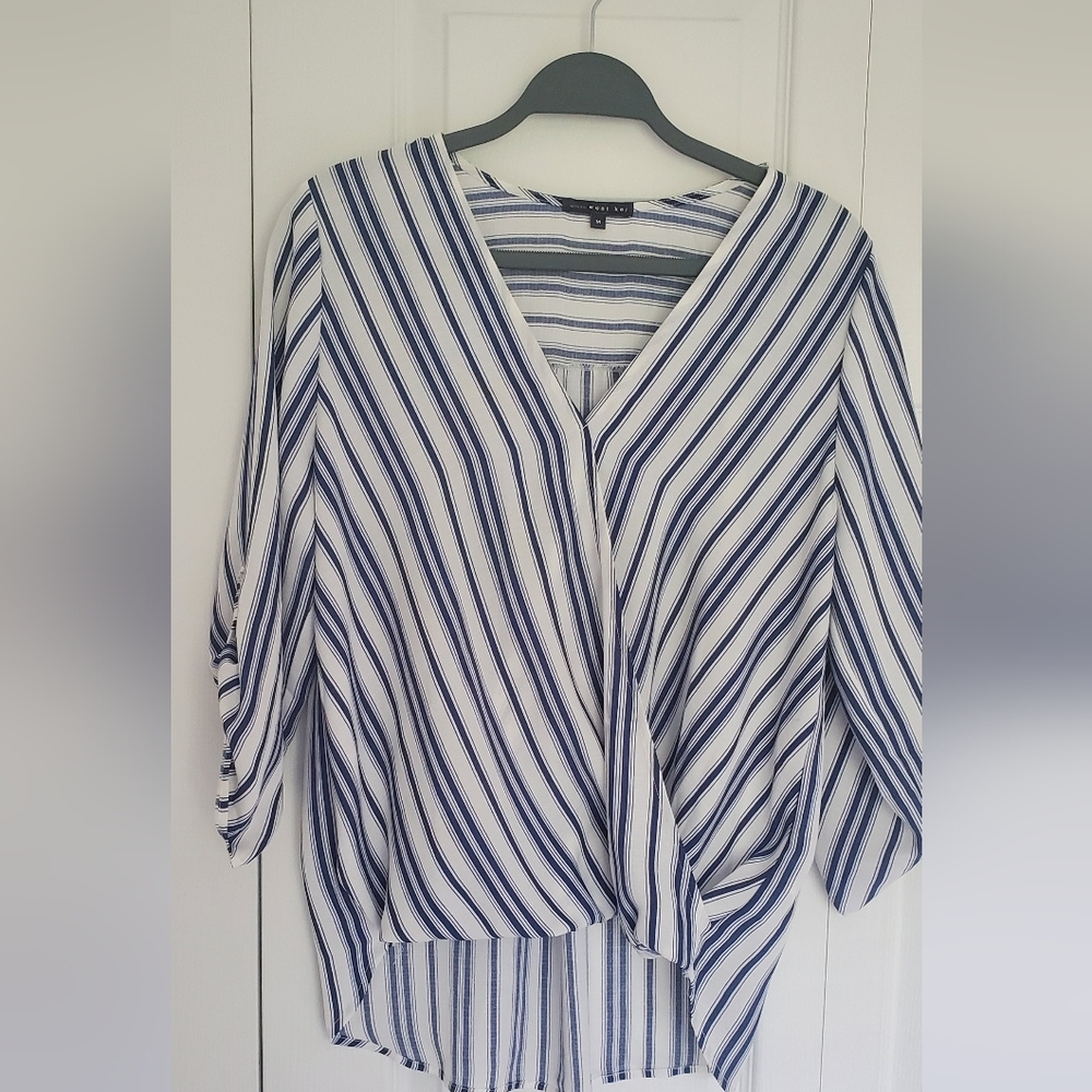 High-low Navy & White Blouse, M, Faux Wrap Front